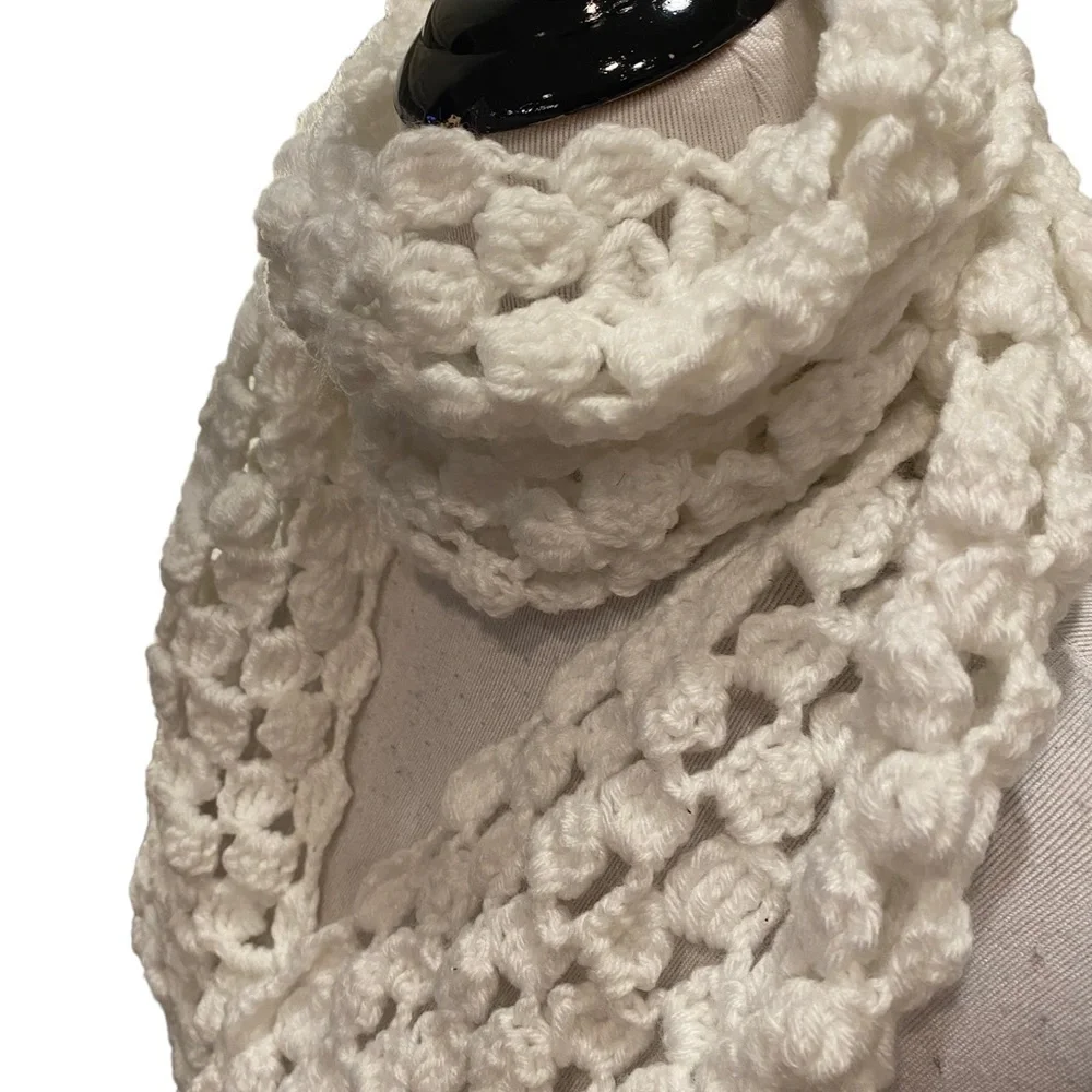 Handmade Crocheted Scarf Pure White Extra Long  94” with Fringe